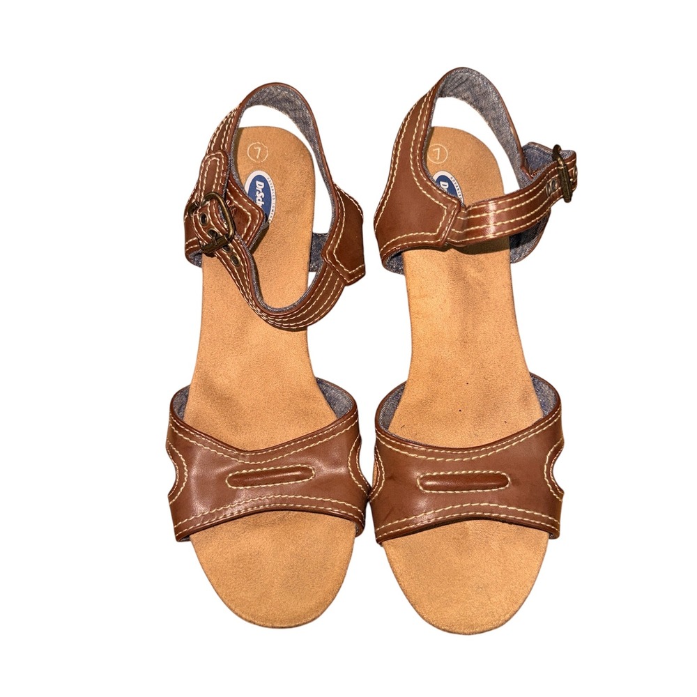 Dr. Scholls Wedge Sandals Womens 7 Pre-Owned Brown Contrast Stitch Cork Heels